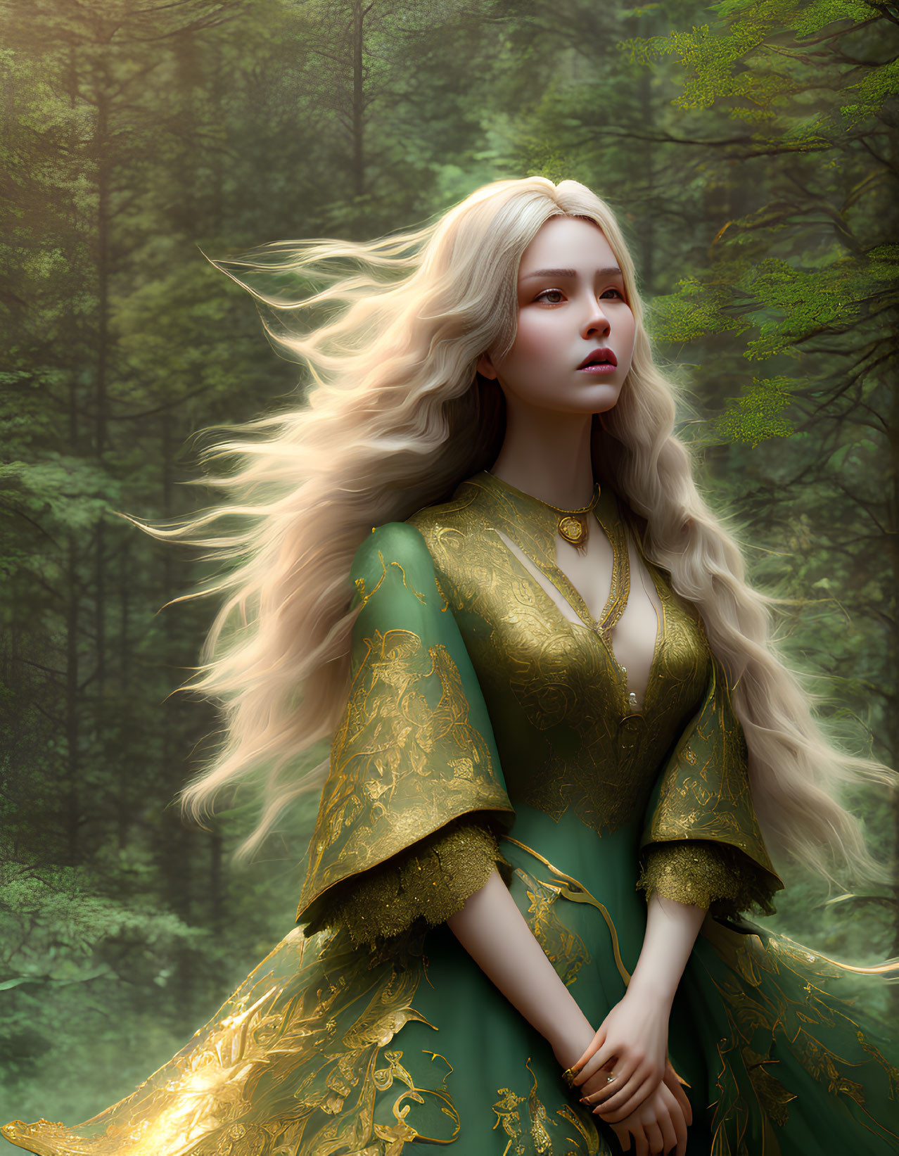 Blonde woman in green and gold dress standing in forest