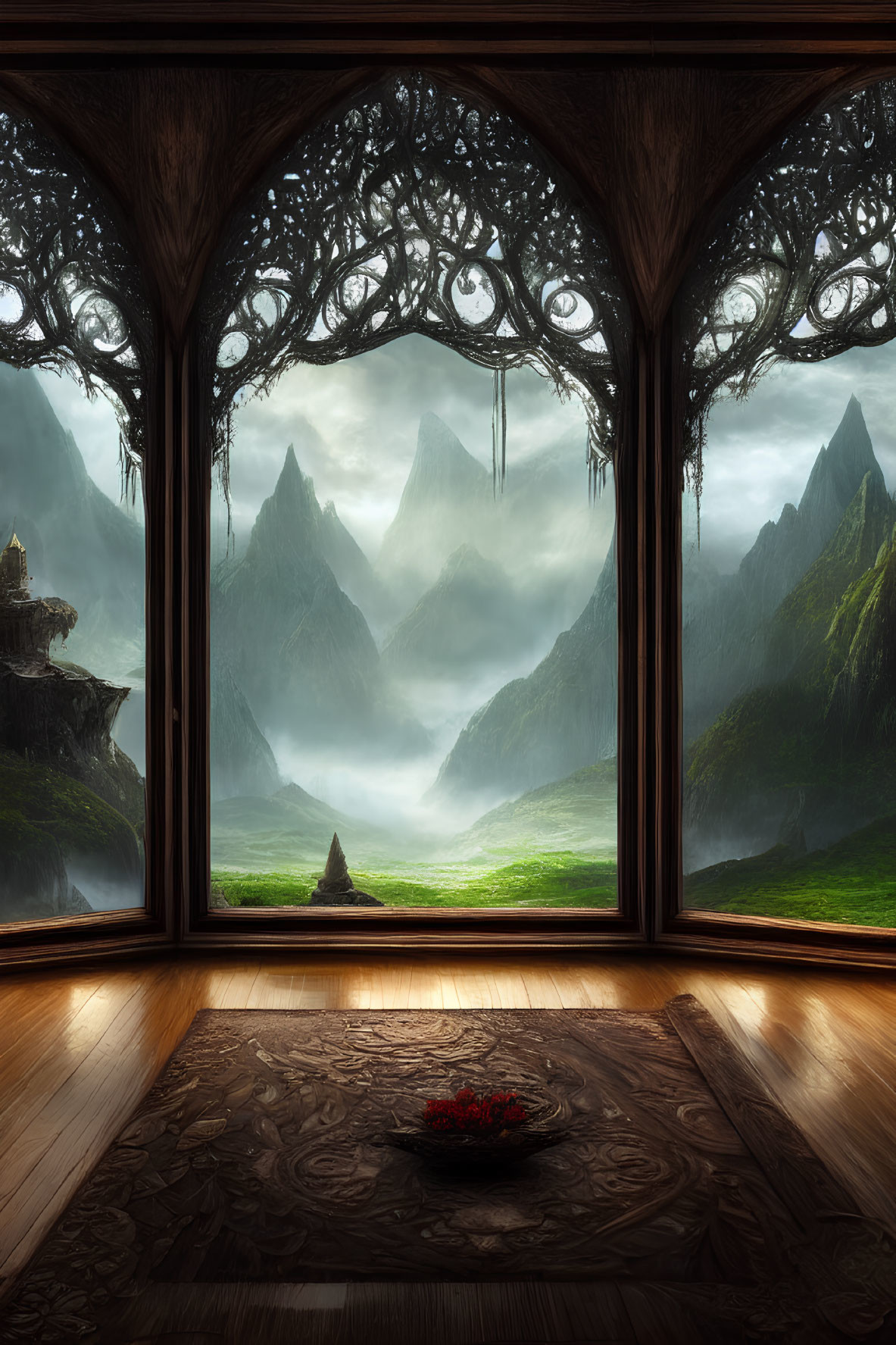 Ornate window framing mystical landscape with mountains, valleys, greenery, and castle under serene sky