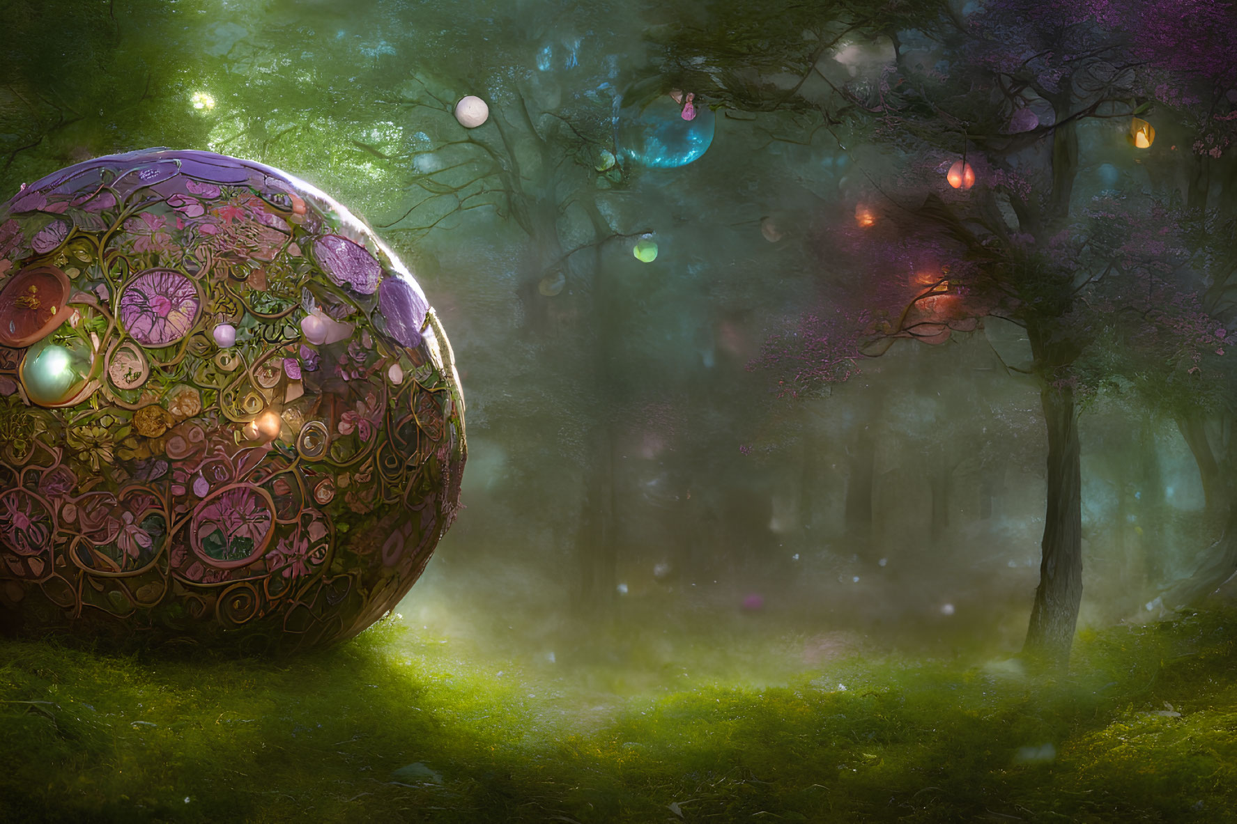 Mystical forest with ornate spherical structure and glowing orbs