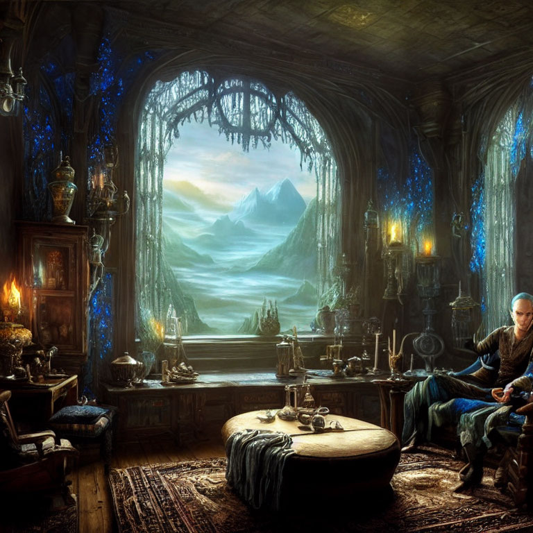 Fantasy-themed room with mountain view and mystical objects