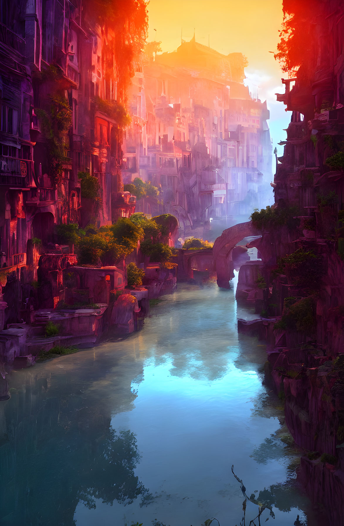 Futuristic cityscape with glowing buildings by tranquil river at sunrise/sunset