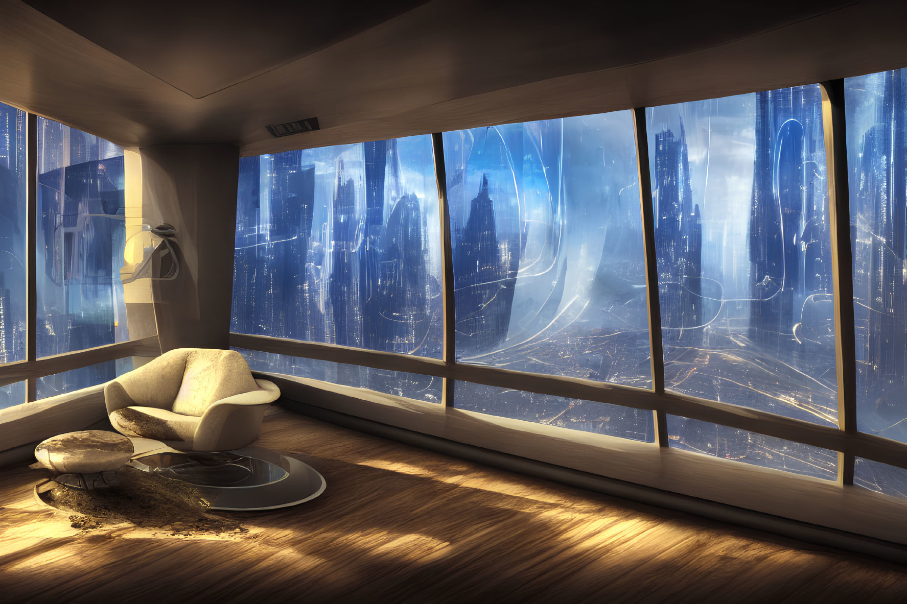 Modern room with large windows and city view, sunlight and armchair.