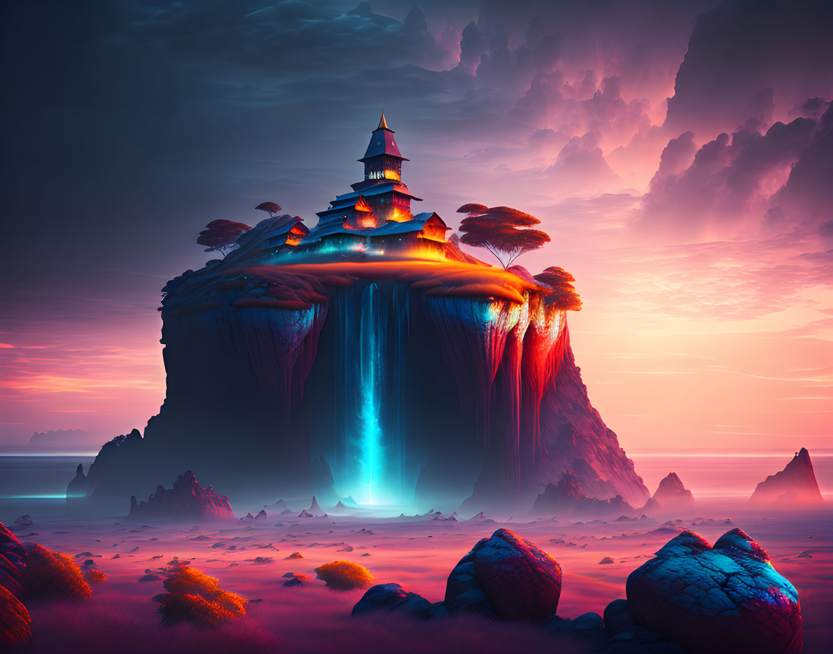 Floating Island with Pagoda Surrounded by Waterfalls and Pink/Blue Sky