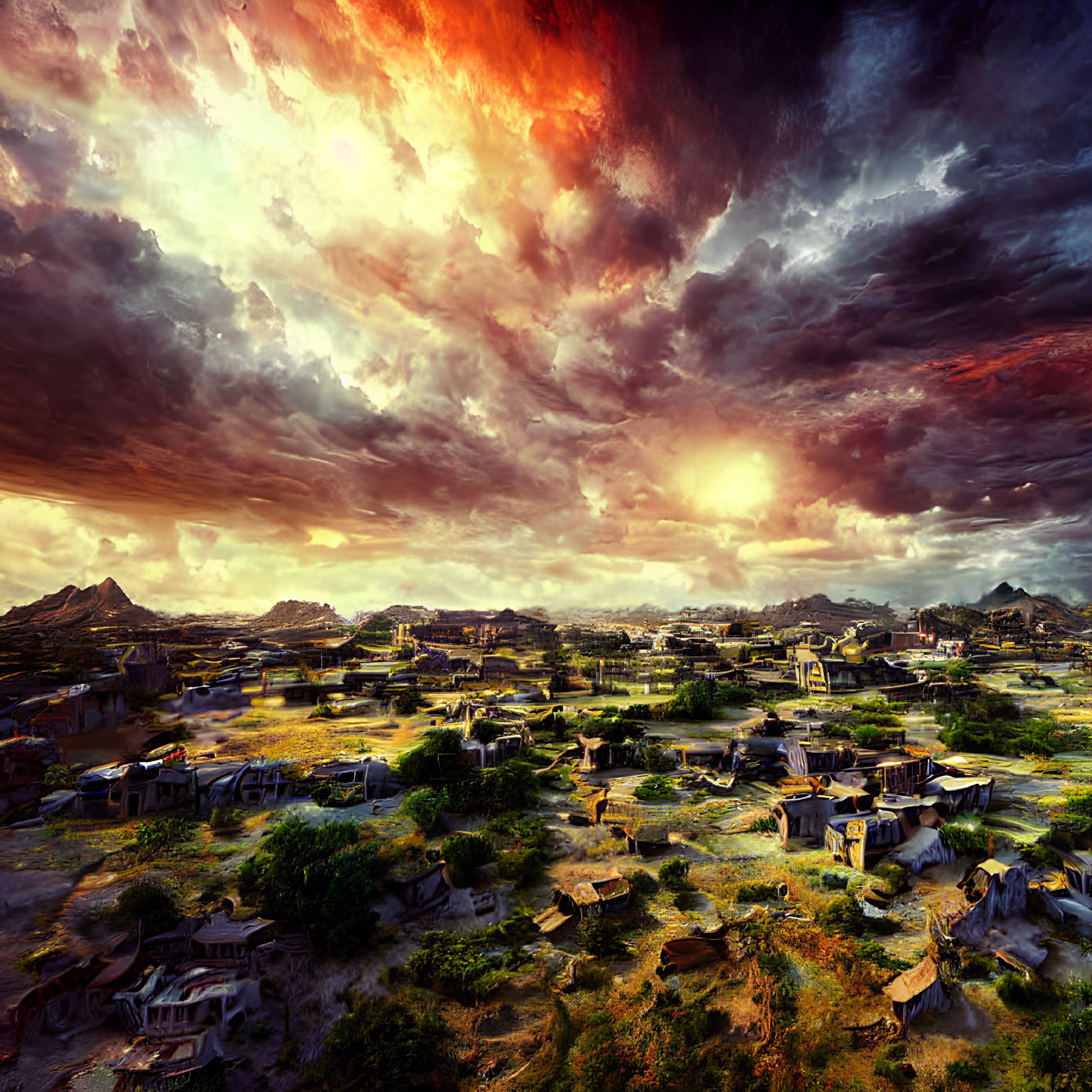 Rustic village with thatched huts at dramatic sunset