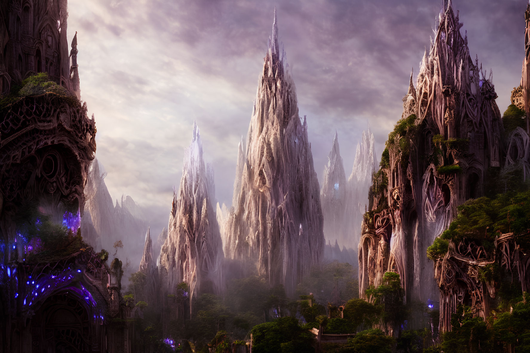 Majestic enchanted forest with crystal spires, waterfalls, and glowing tree-root architecture