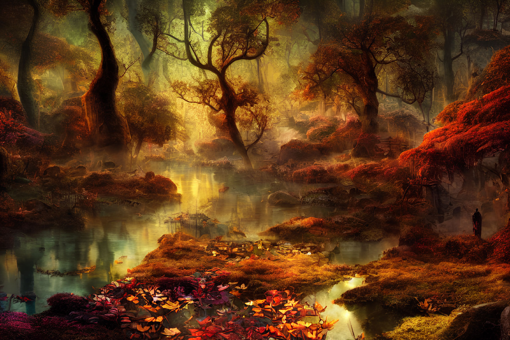 Enchanting Autumn Forest with Red Foliage, Blue Stream, Mist, and Solitary Figure