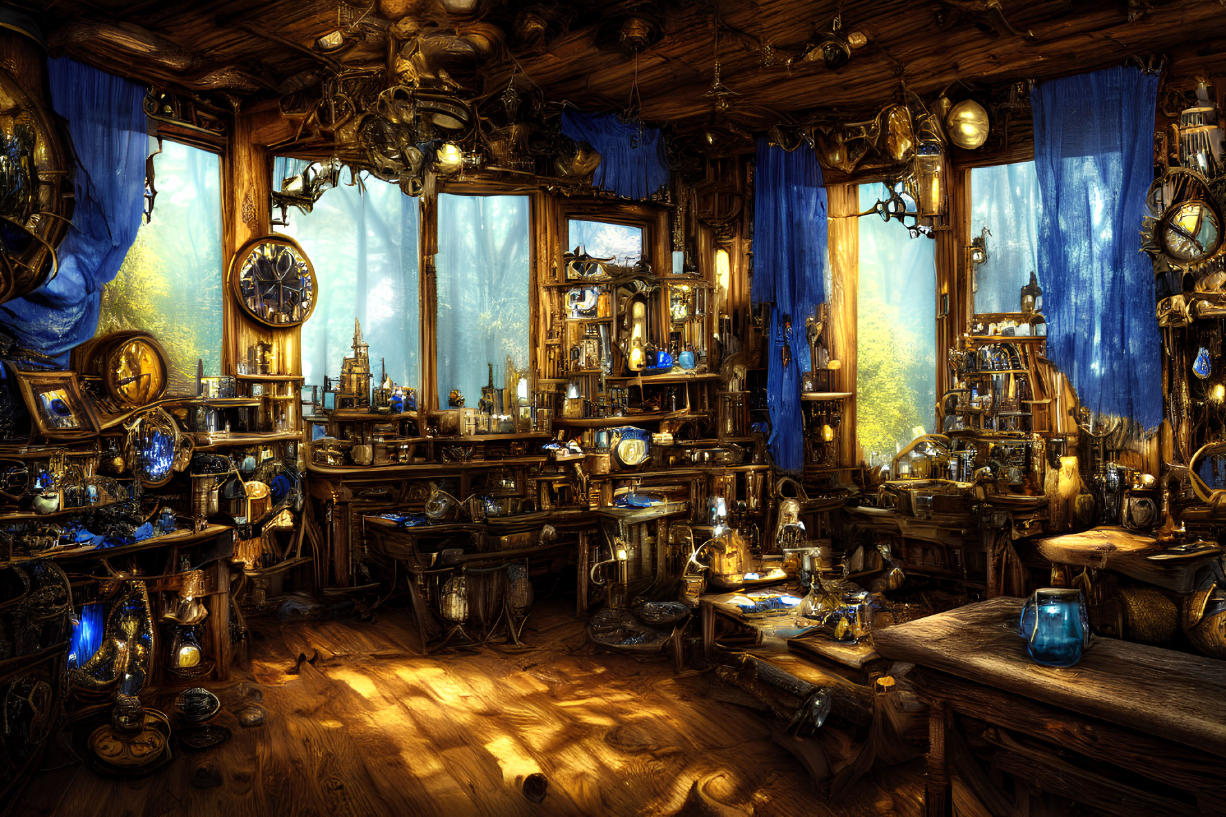 Eclectic alchemist's workshop with blue potions and mystical artifacts