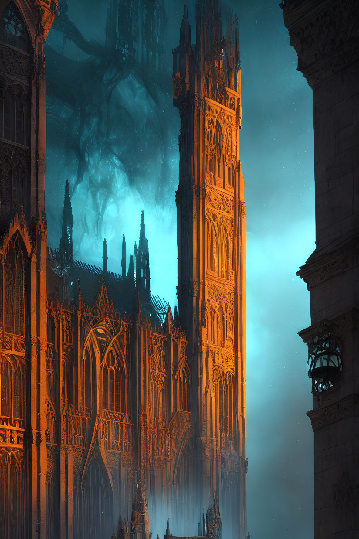 Gothic cathedral under deep blue night sky with ethereal glow