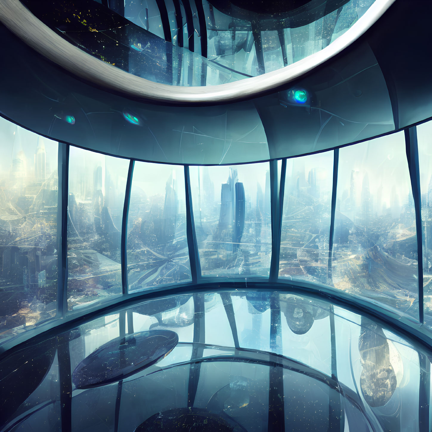 Futuristic observatory with panoramic cityscape view in blue tones