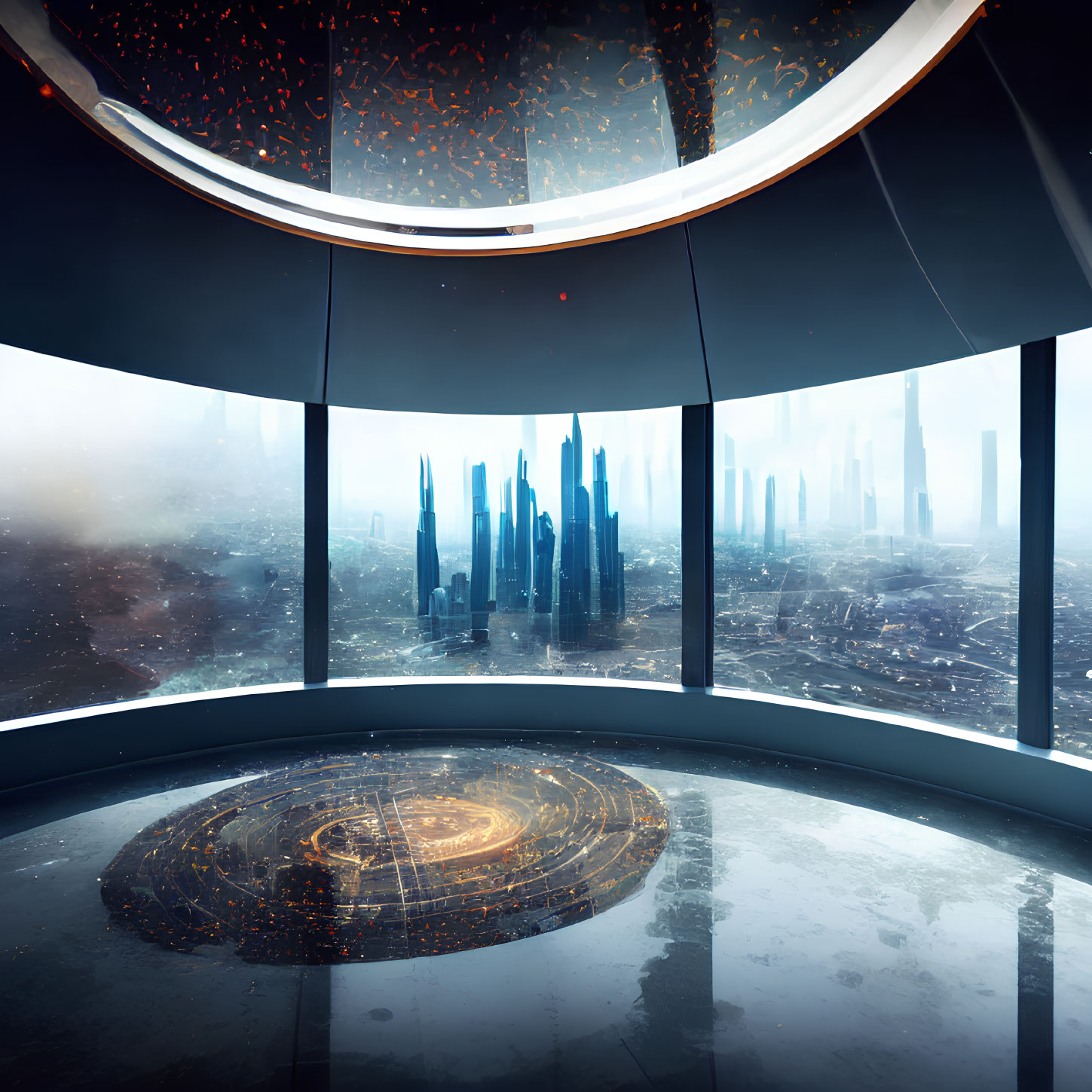 High-tech observation deck overlooking futuristic cityscape with holographic display