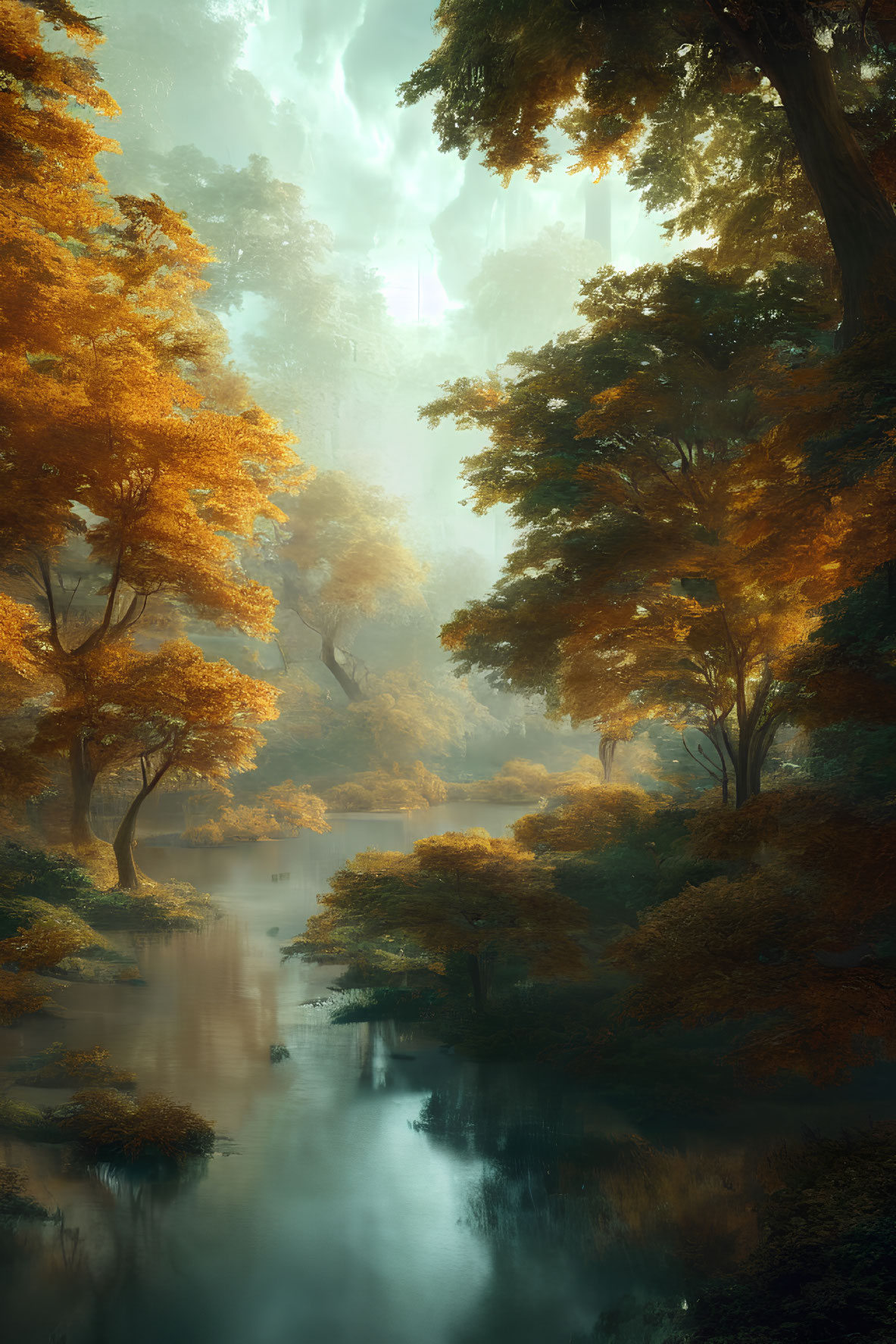 Ethereal forest scene with golden-orange foliage, towering trees, meandering river, and soft light