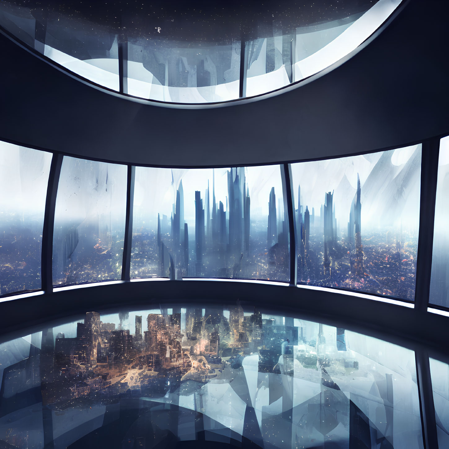 Futuristic cityscape through curved window with reflective floor