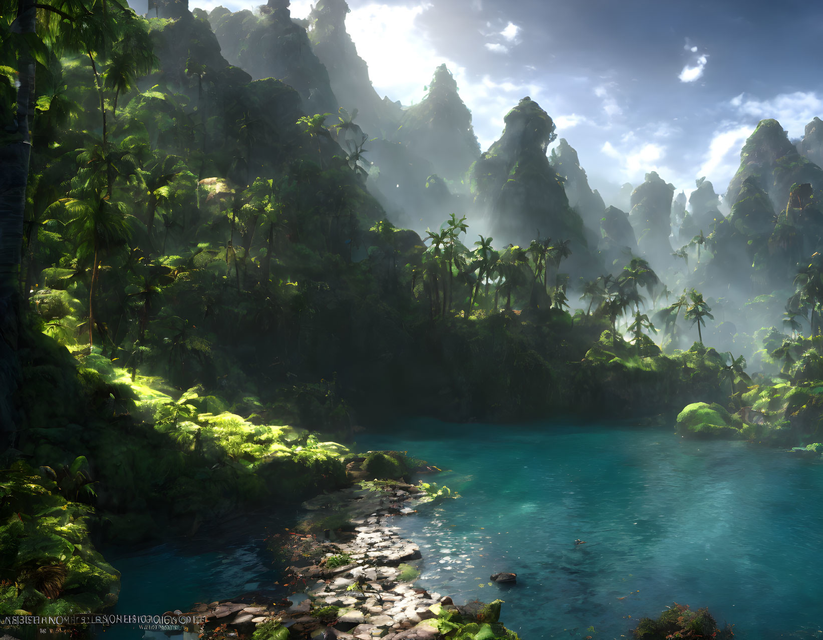 Tranquil Tropical Jungle with Greenery, Cliffs, and Turquoise River