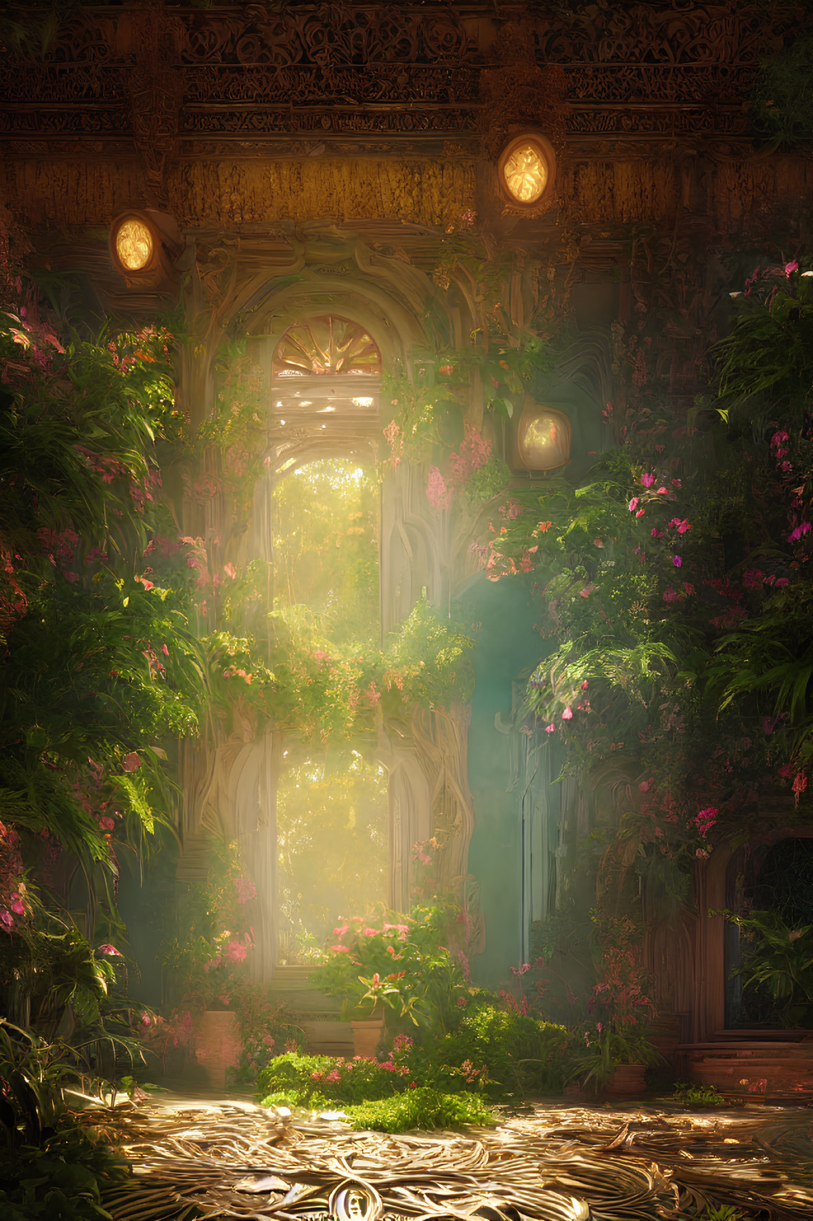 Ethereal overgrown room with intricate architecture and floating light orbs