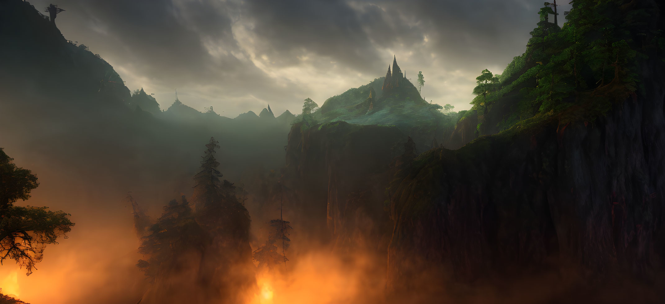 Mystical landscape with towering cliffs and lush forests