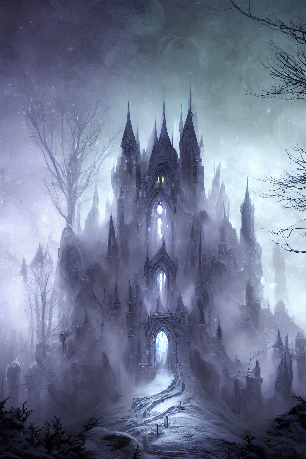 Ethereal gothic castle in misty snowy landscape at night