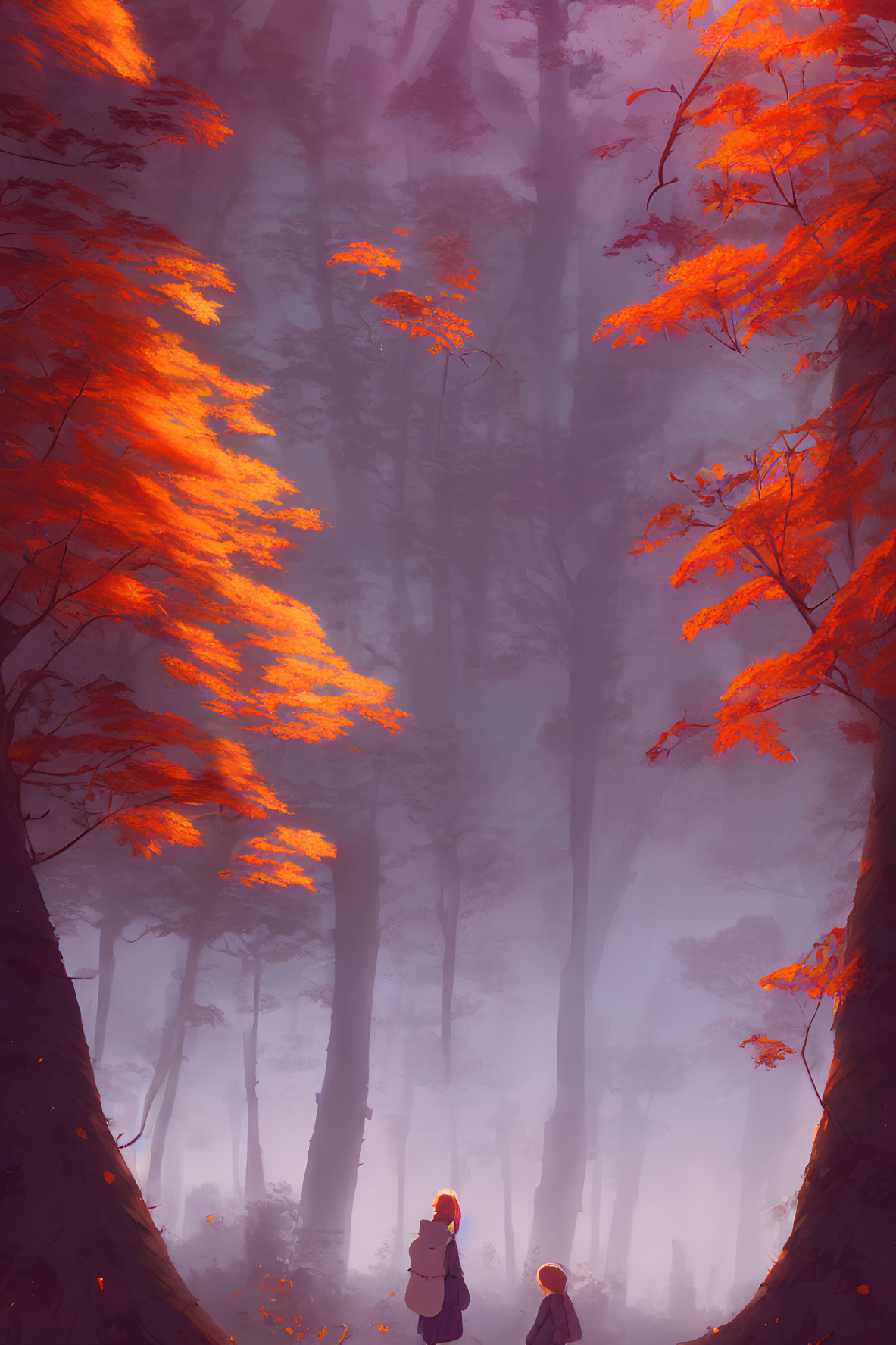 Misty forest with towering trees and fiery orange leaves