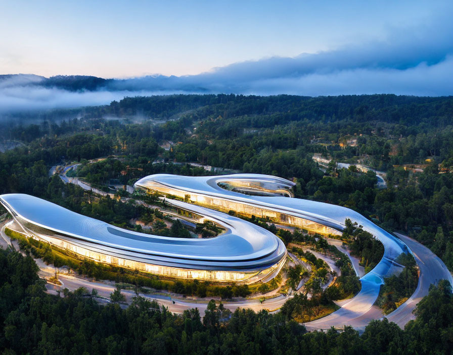 Serpentine modern building in forested landscape at dusk