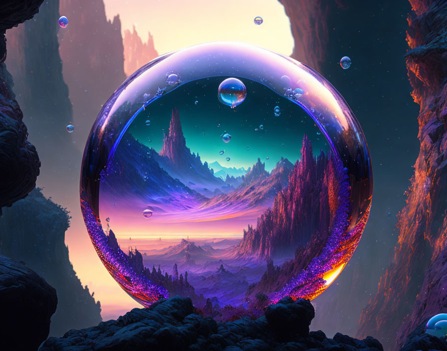 Gigantic bubble reflecting mystical landscape with rocky formations under twilight sky