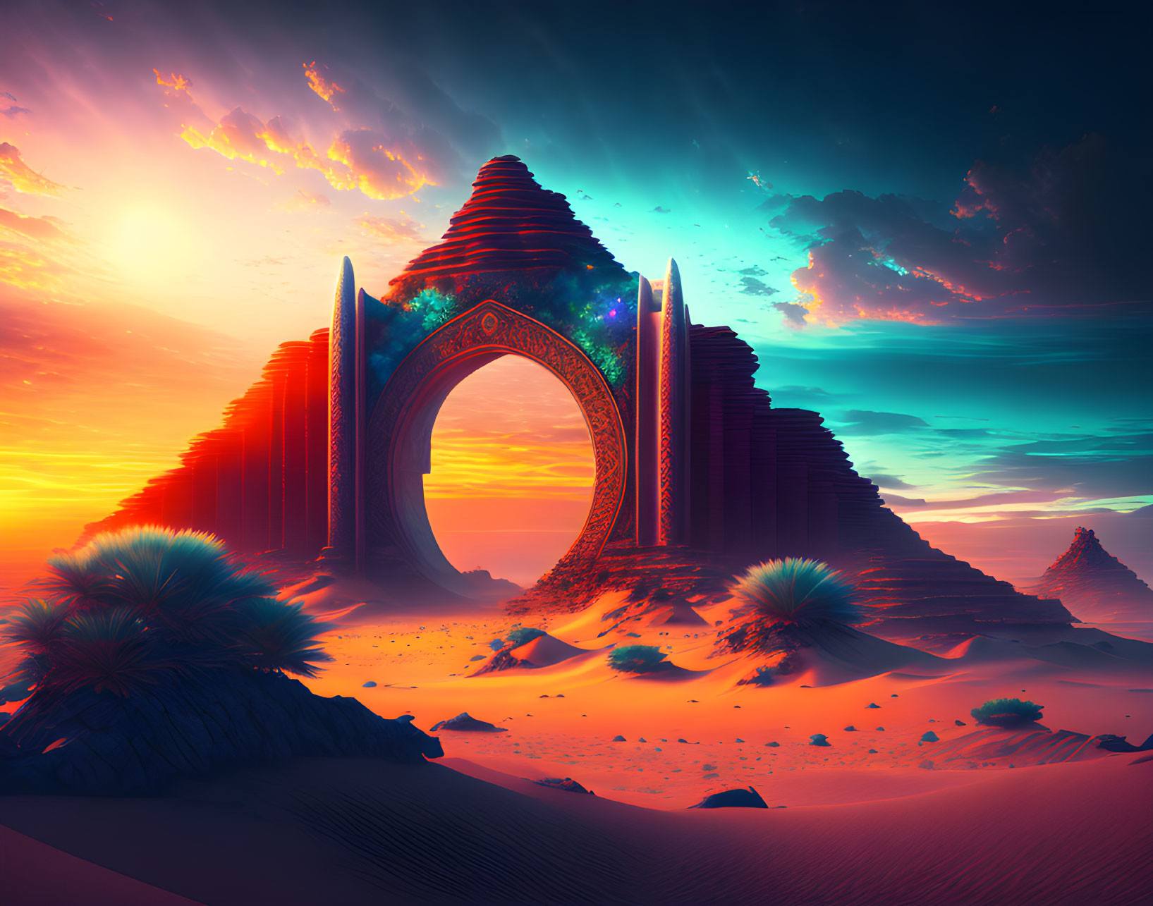 Futuristic desert landscape digital artwork with surreal colors