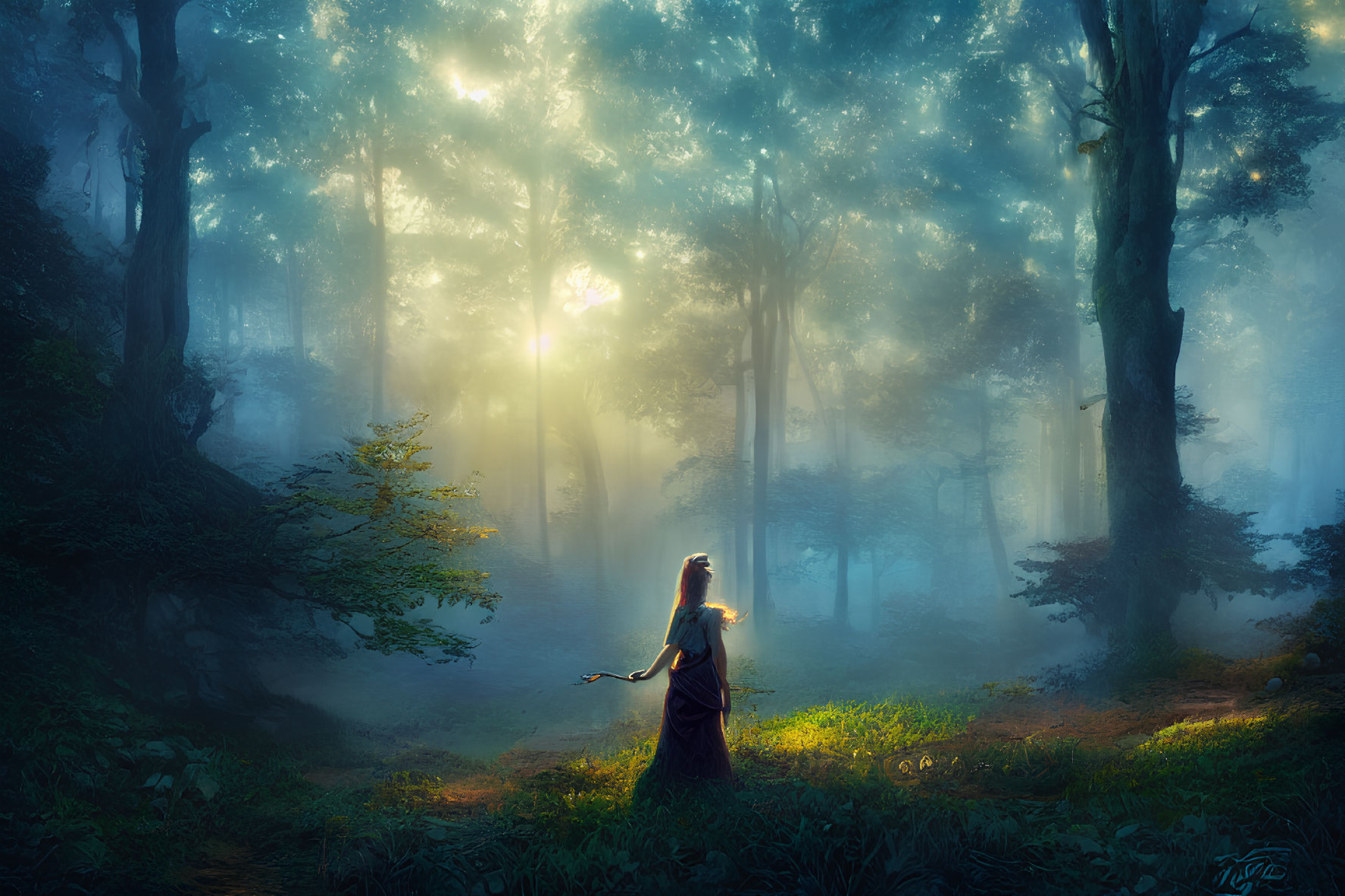 Serene forest scene: woman in misty dawn light among lush foliage