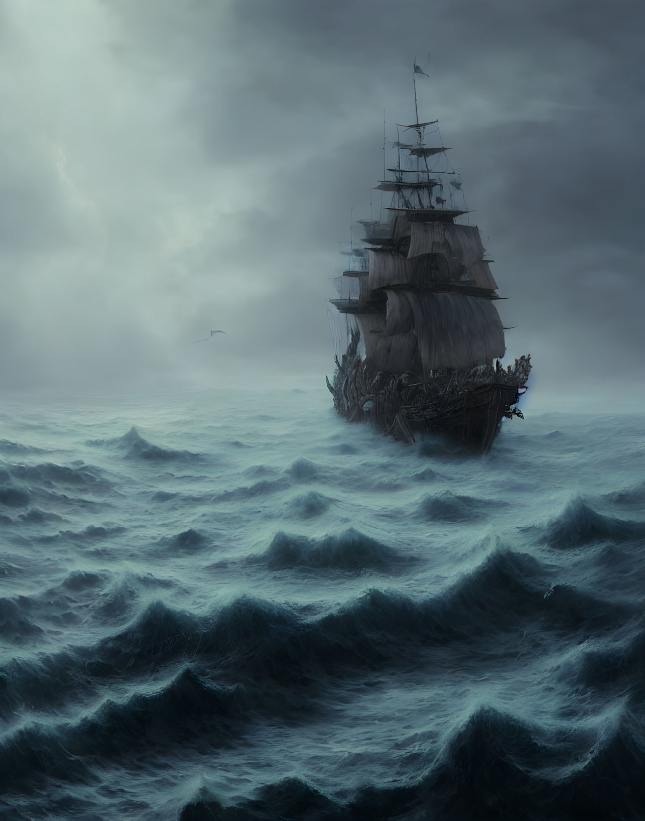 Vintage sailing ship in stormy sea with dark waves and lone bird