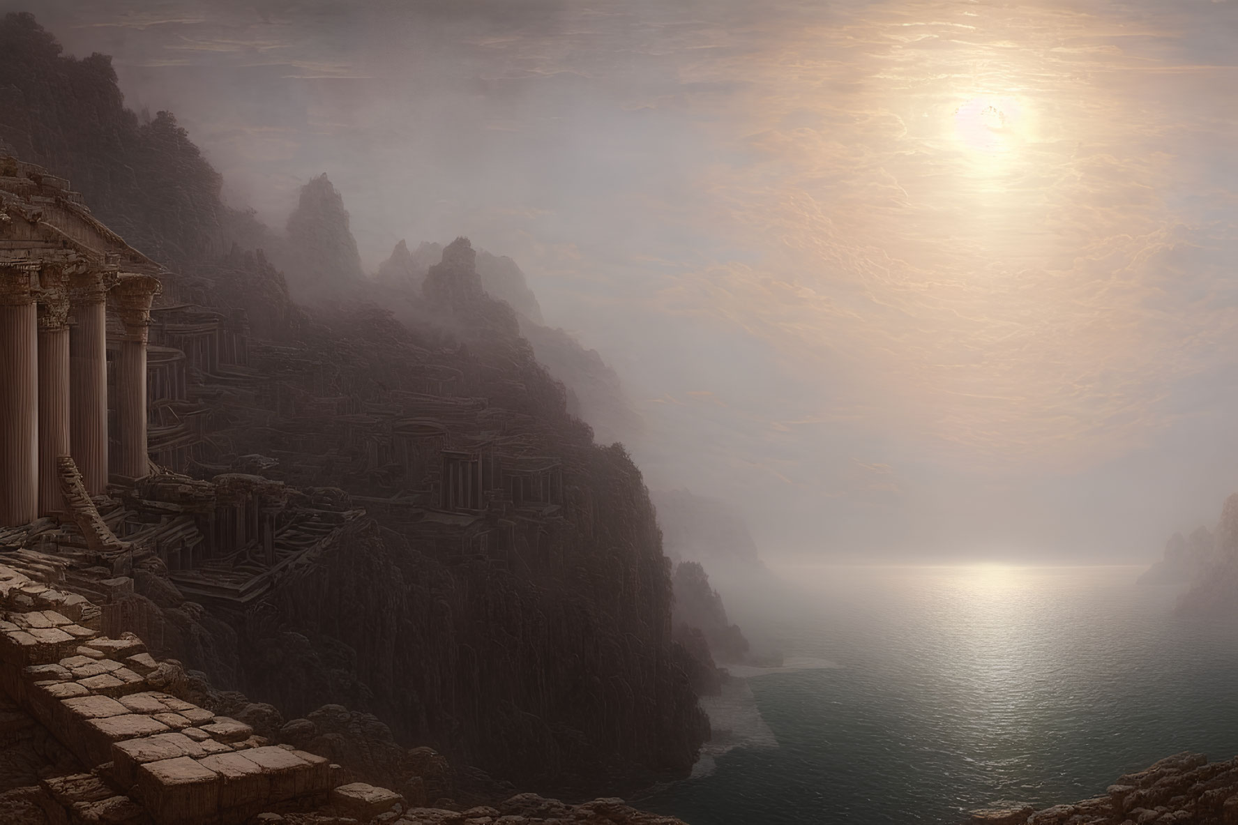 Sunlit ancient ruins on rugged coastline with misty cliffs & reflective water