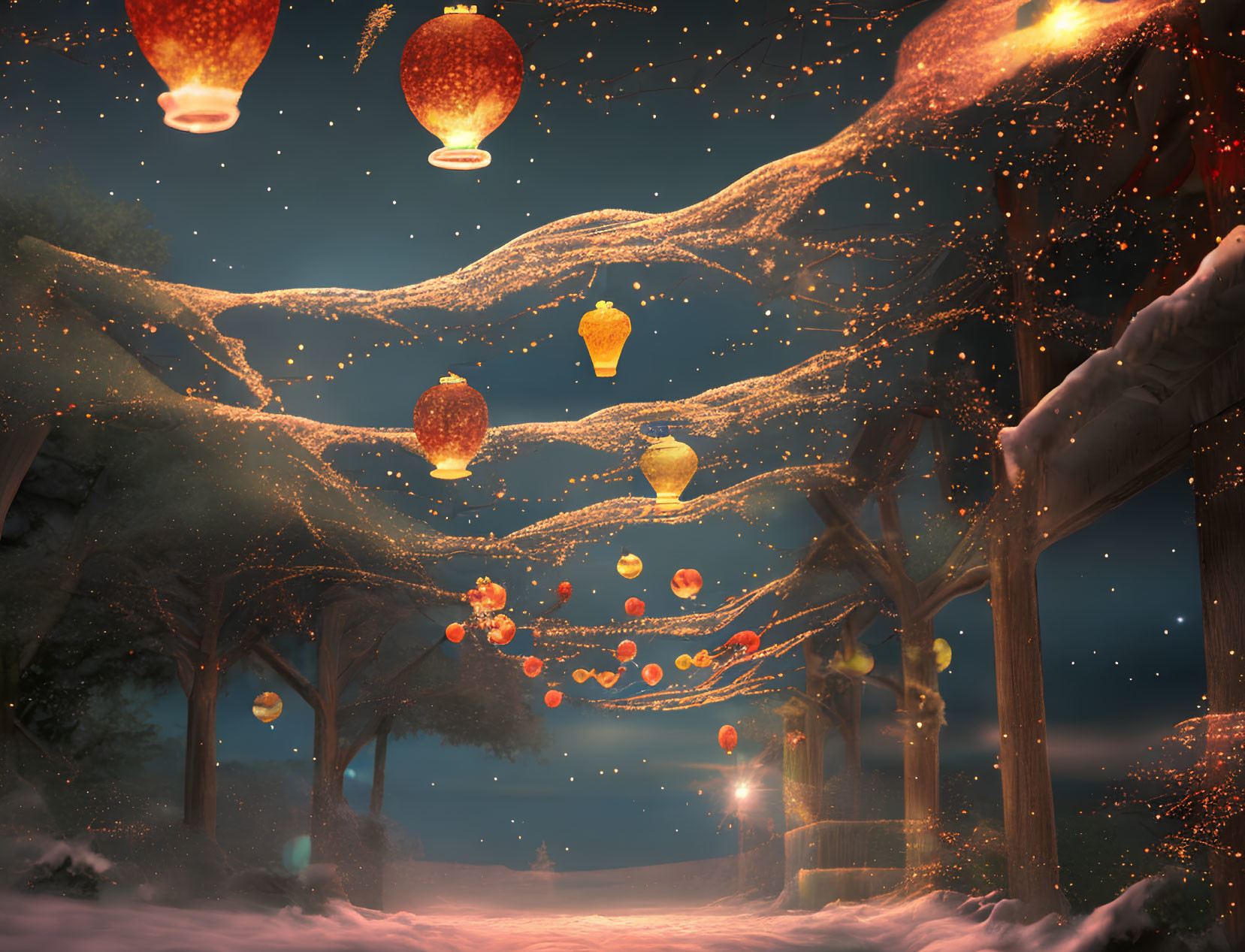 Snow-covered path illuminated by floating lanterns at night