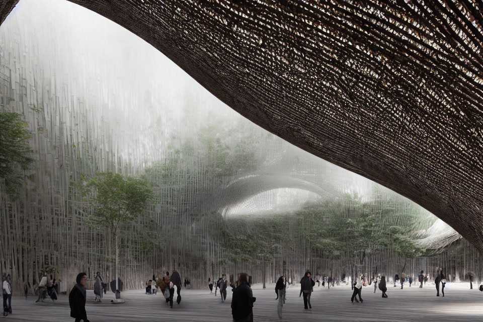 Spacious indoor area with lattice roof and people.