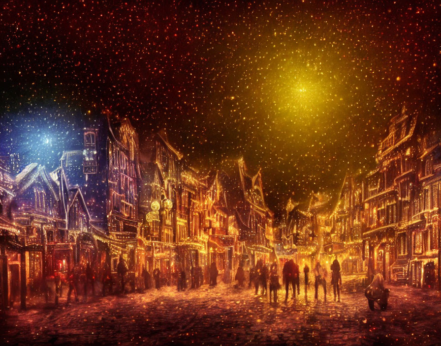 Historic street at night with glowing lights, falling snow, and starry sky