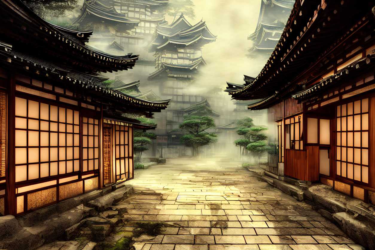 Traditional Asian alley with wooden structures and pagodas in misty setting