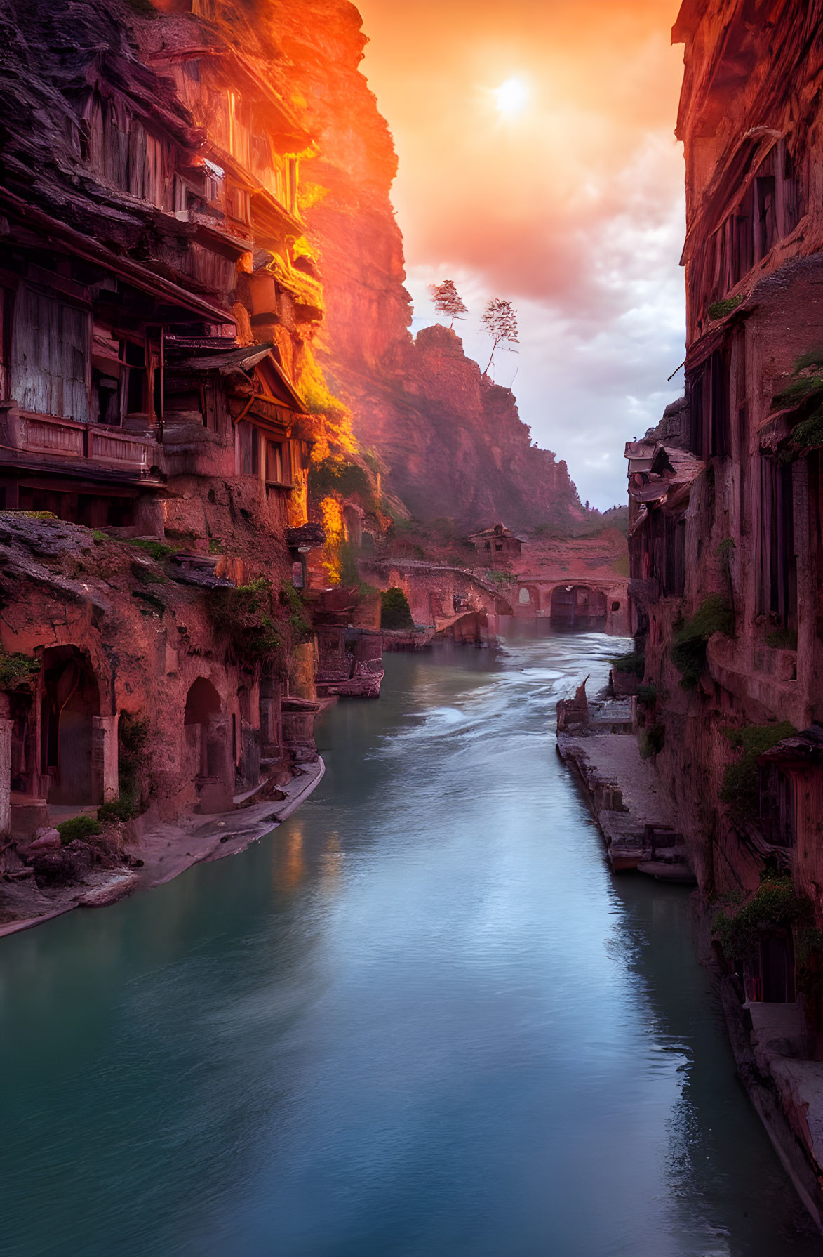 Ancient water village with rustic buildings carved into red cliffs at sunset