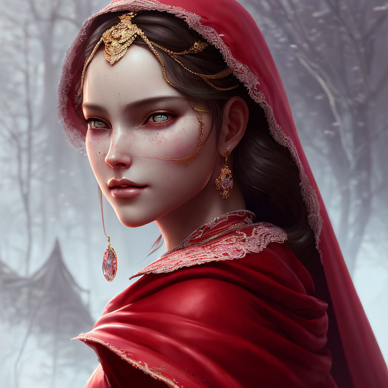 Digital portrait of young woman with fair skin, freckles, and dark hair in red cloak against