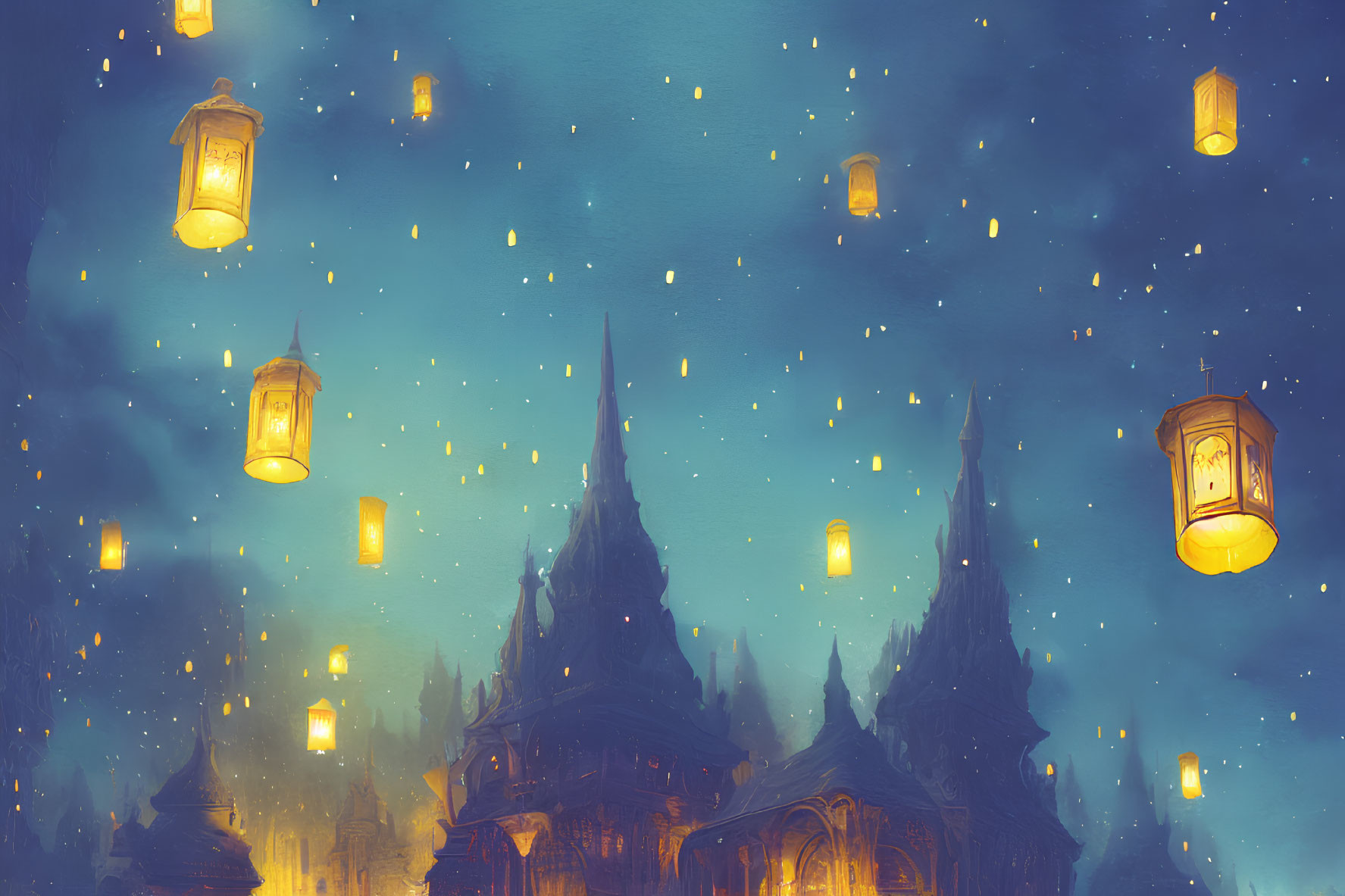 Enchanting castle scene with floating lanterns at dusk