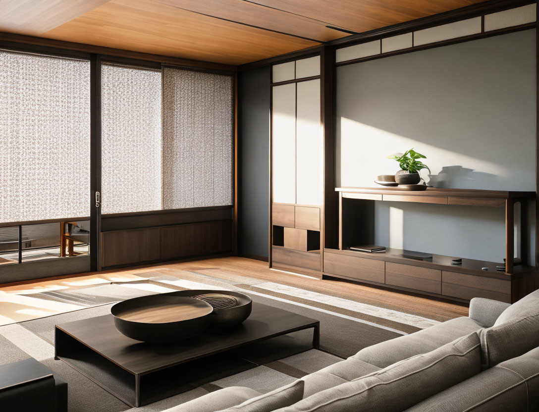 Japanese-style Living Room with Wooden Furniture & Tatami Flooring