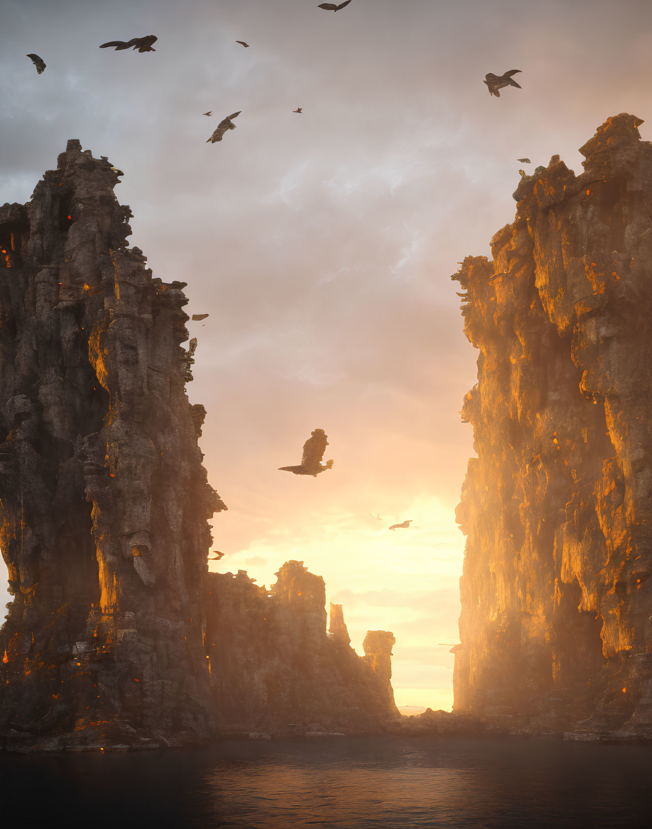 Rock Formations Bathed in Sunset Glow with Soaring Birds