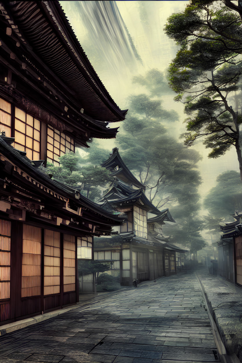 Traditional Japanese street with wooden buildings and green trees under hazy sky