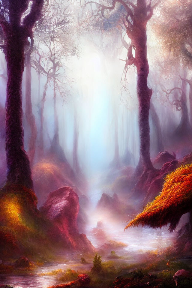 Misty Enchanted Forest with Autumn Leaves and Stream