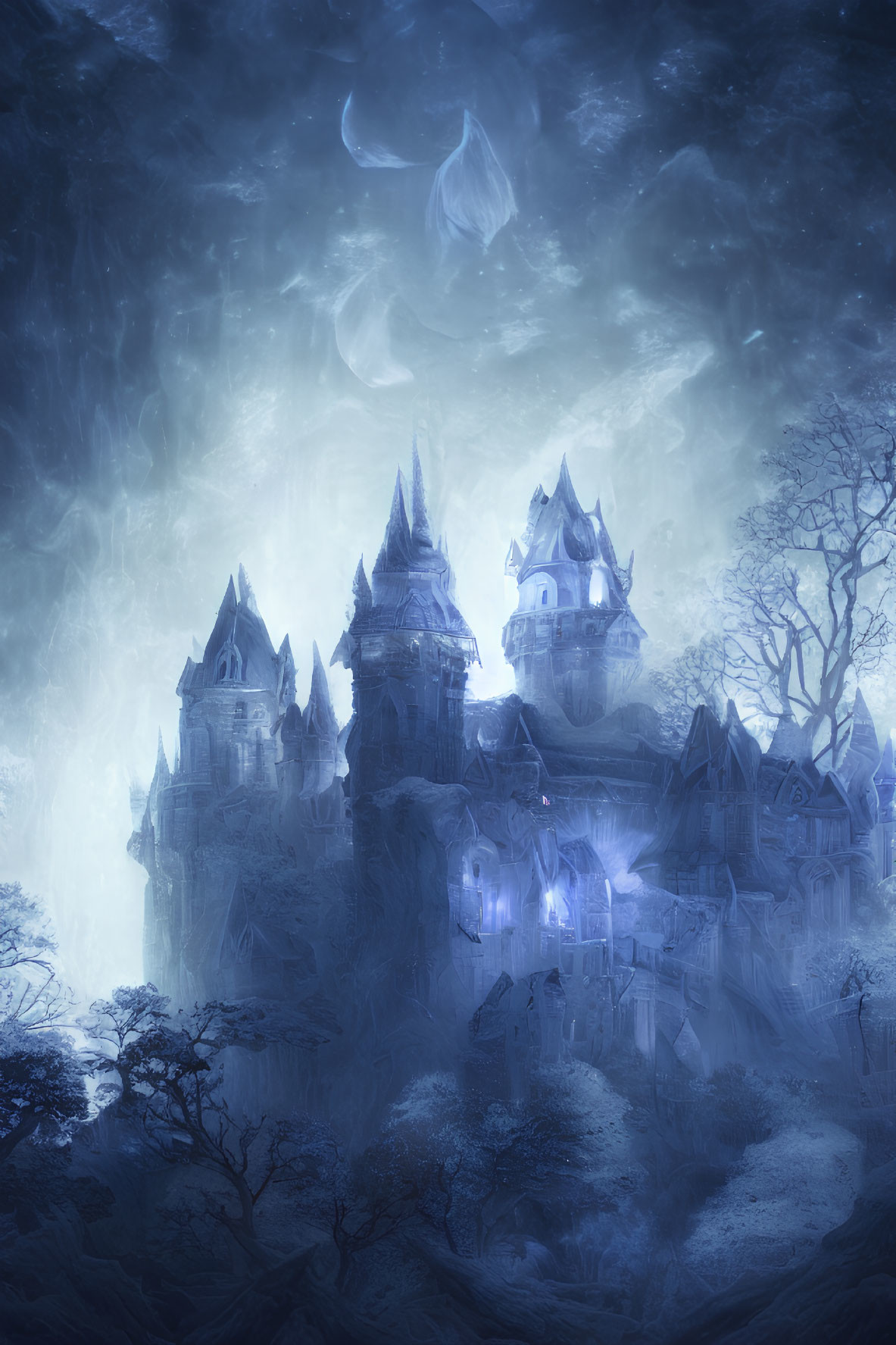 Mystical blue castle in ethereal forest with ghostly figures