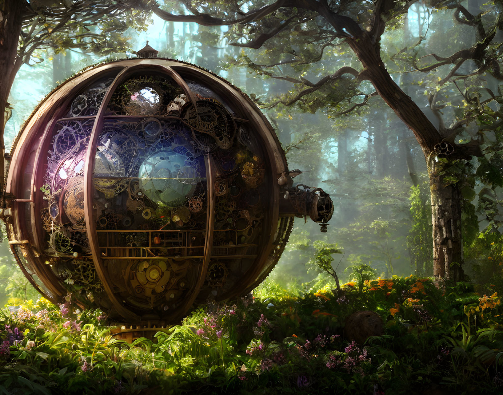 Clockwork gears in mystical forest glade with spherical structure