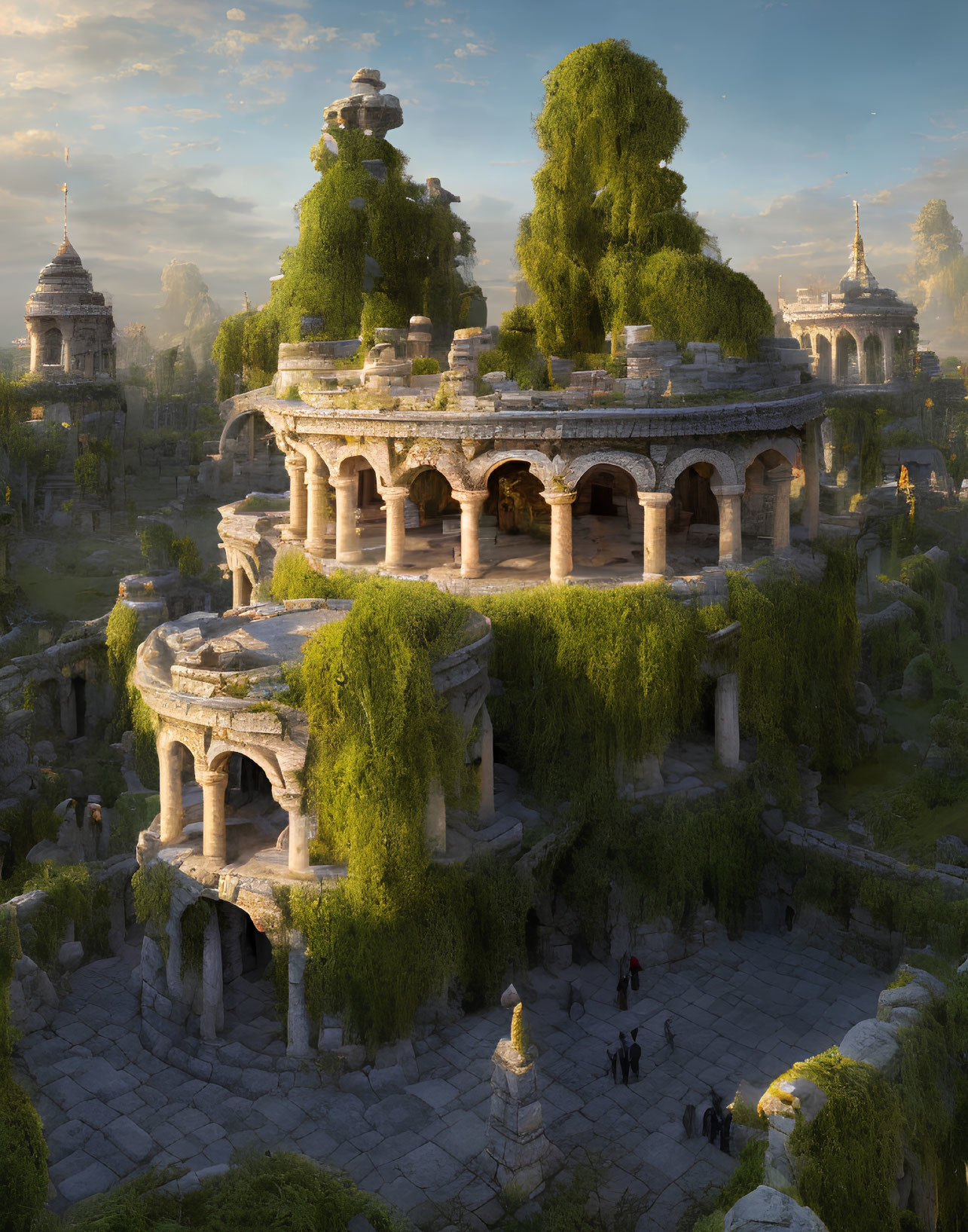 Overgrown ancient temple in soft light with lush greenery