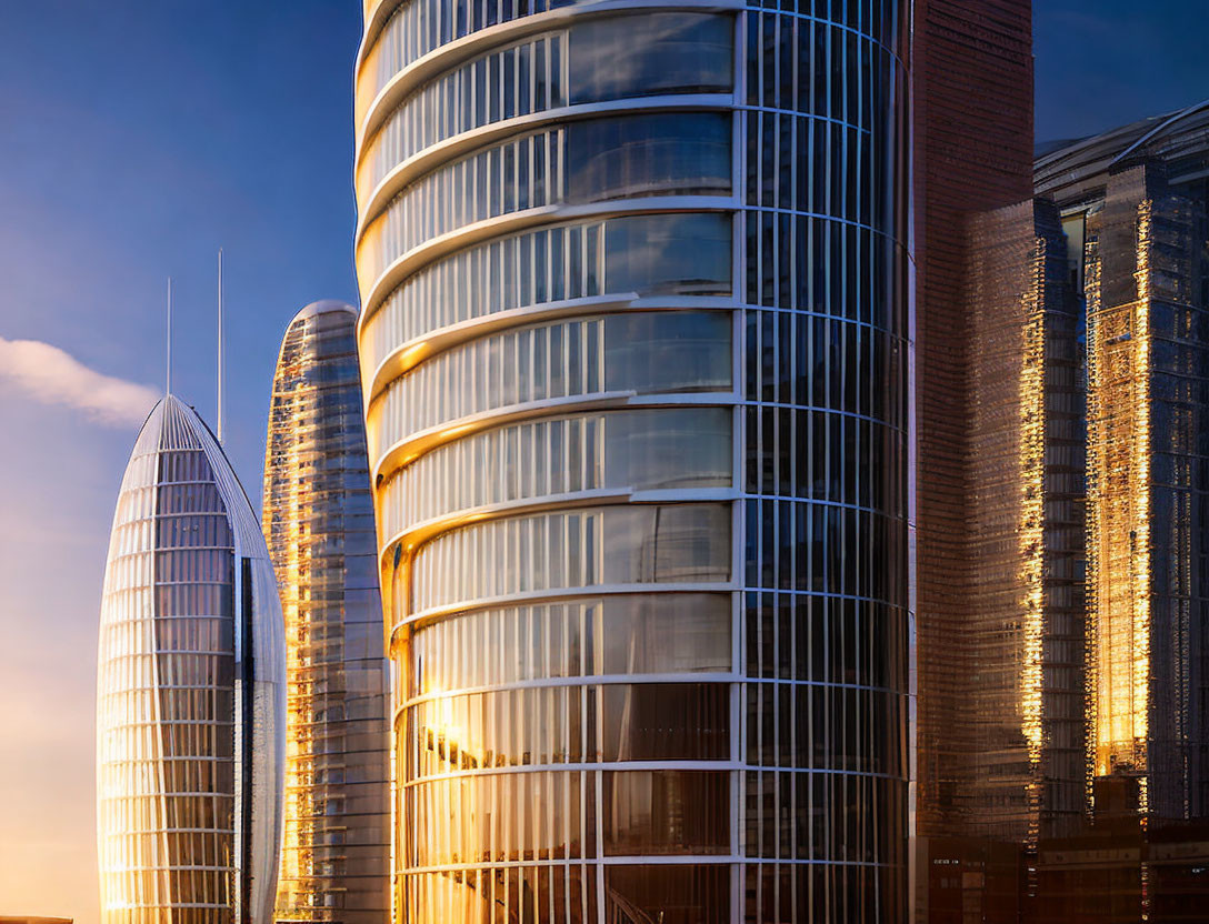 Curved, Reflective Glass Skyscrapers at Sunset