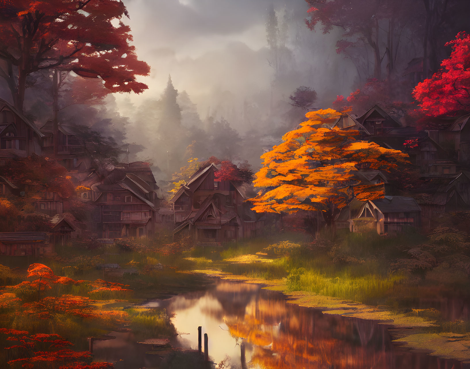 Tranquil autumn village with vibrant foliage, calm river, and misty ambiance