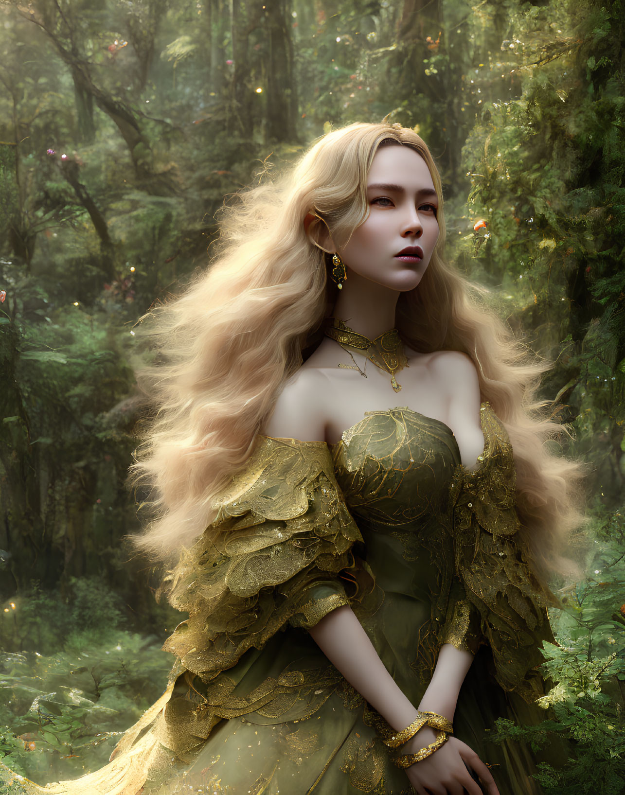 Blonde woman in golden dress in misty forest