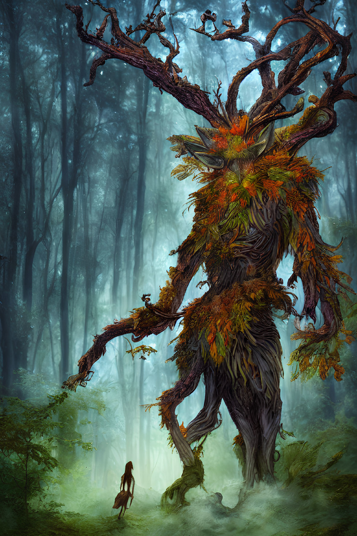 Autumnal treant with twisted branches in foggy forest encounter.