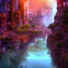 Futuristic cityscape with glowing buildings by tranquil river at sunrise/sunset