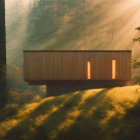 Modern wooden cabin in forest with sunbeams and mist shadows