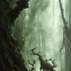 Enormous gnarled tree in mystical forest with ethereal green light