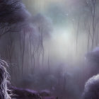 Ethereal castle under full moon in misty forest landscape