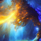 Colorful Phoenix Flying in Mystical Forest Scene